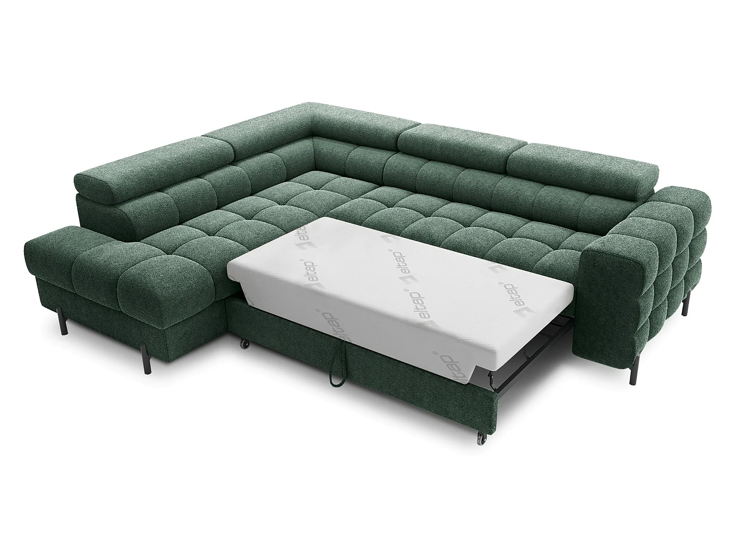 Canapé d’angle convertible LUCCINO en tissu avec coffre, têtières réglables et pieds en métal noir – 276cm-Vert-angle gauche