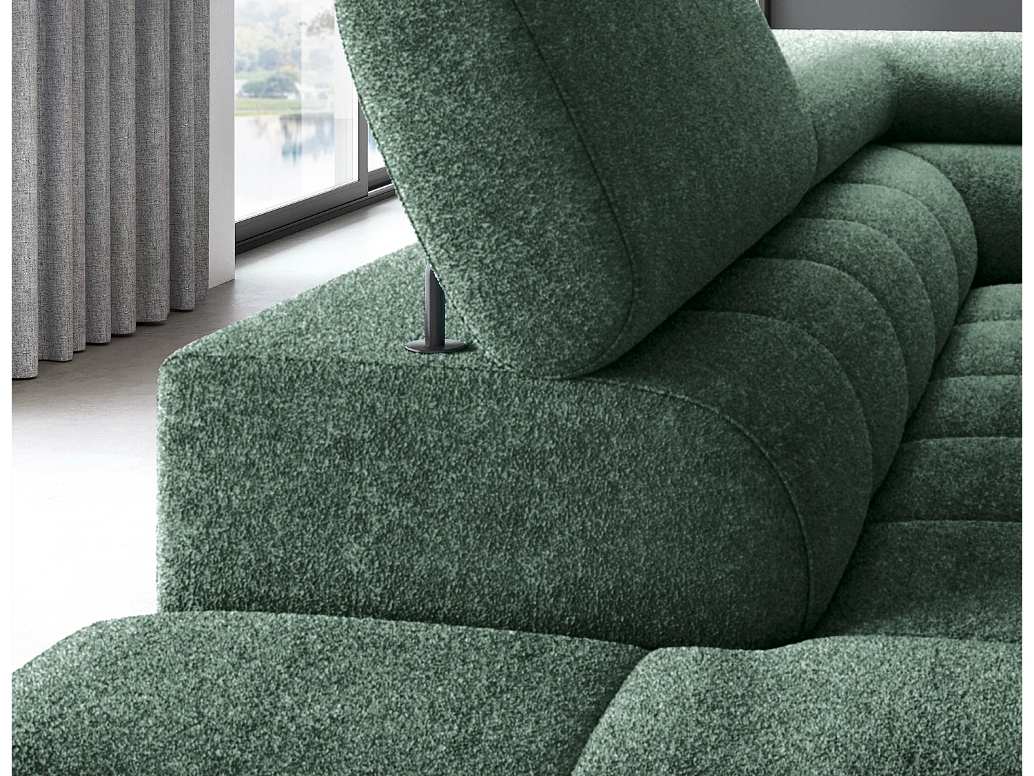 Canapé d’angle convertible LUCCINO en tissu avec coffre, têtières réglables et pieds en métal noir – 276cm-Vert-angle gauche