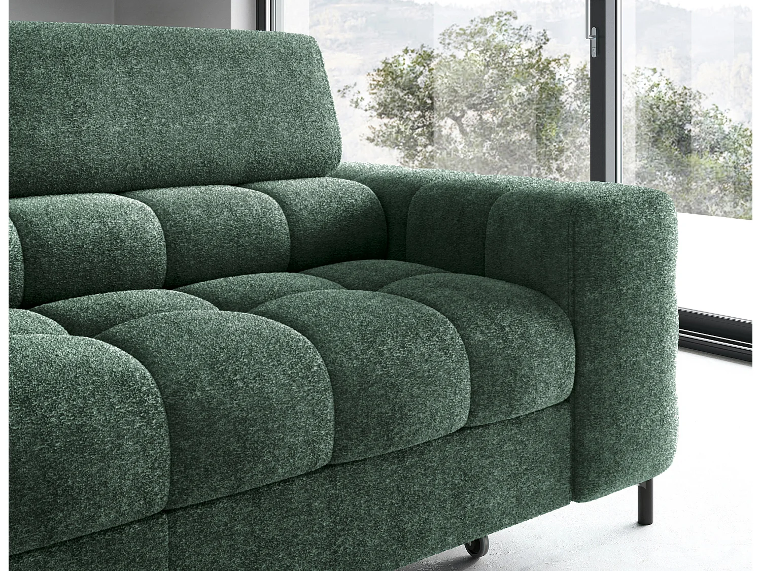 Canapé d’angle convertible LUCCINO en tissu avec coffre, têtières réglables et pieds en métal noir – 276cm-Vert-angle gauche