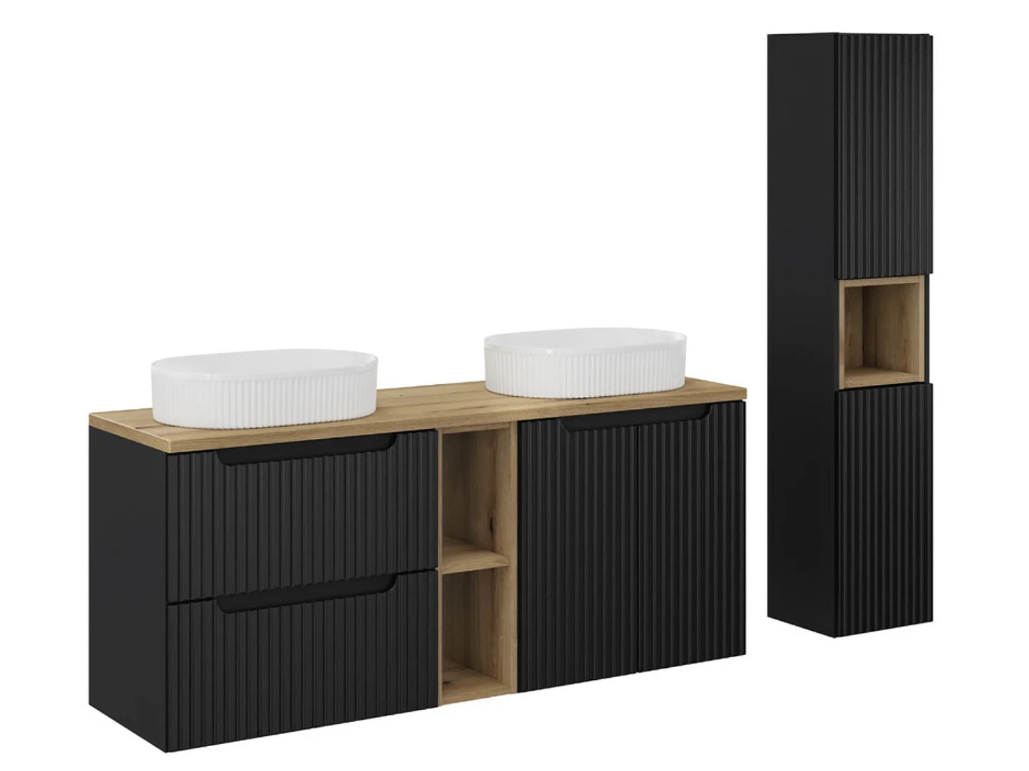 Ensemble salle de bain 170cm double vasque ovale blanche NOVA avec meubles suspendus et colonne-Noir