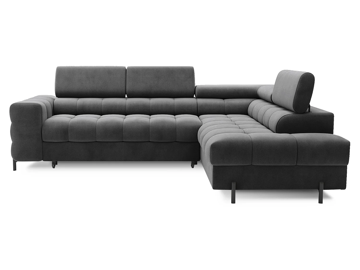 Canapé d’angle convertible LUCCINO en tissu avec coffre, têtières réglables et pieds en métal noir – 276cm-Gris foncé-angle droit