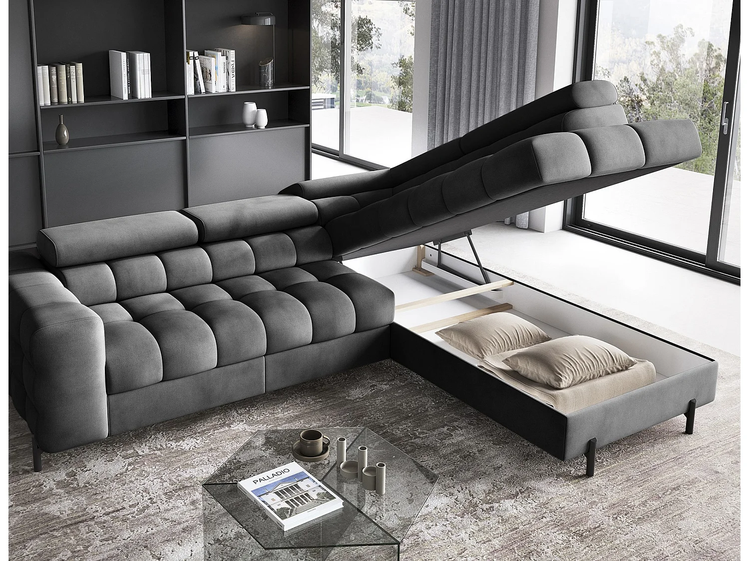 Canapé d’angle convertible LUCCINO en tissu avec coffre, têtières réglables et pieds en métal noir – 276cm-Gris foncé-angle droit