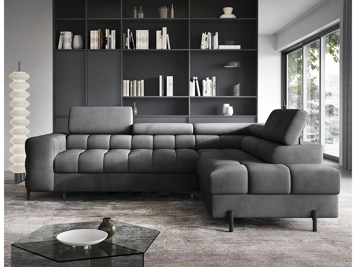 Canapé d’angle convertible LUCCINO en tissu avec coffre, têtières réglables et pieds en métal noir – 276cm-Gris foncé-angle droit