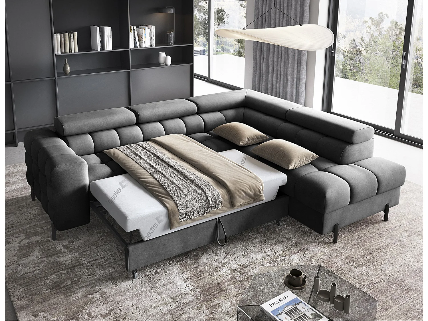 Canapé d’angle convertible LUCCINO en tissu avec coffre, têtières réglables et pieds en métal noir – 276cm-Gris foncé-angle droit