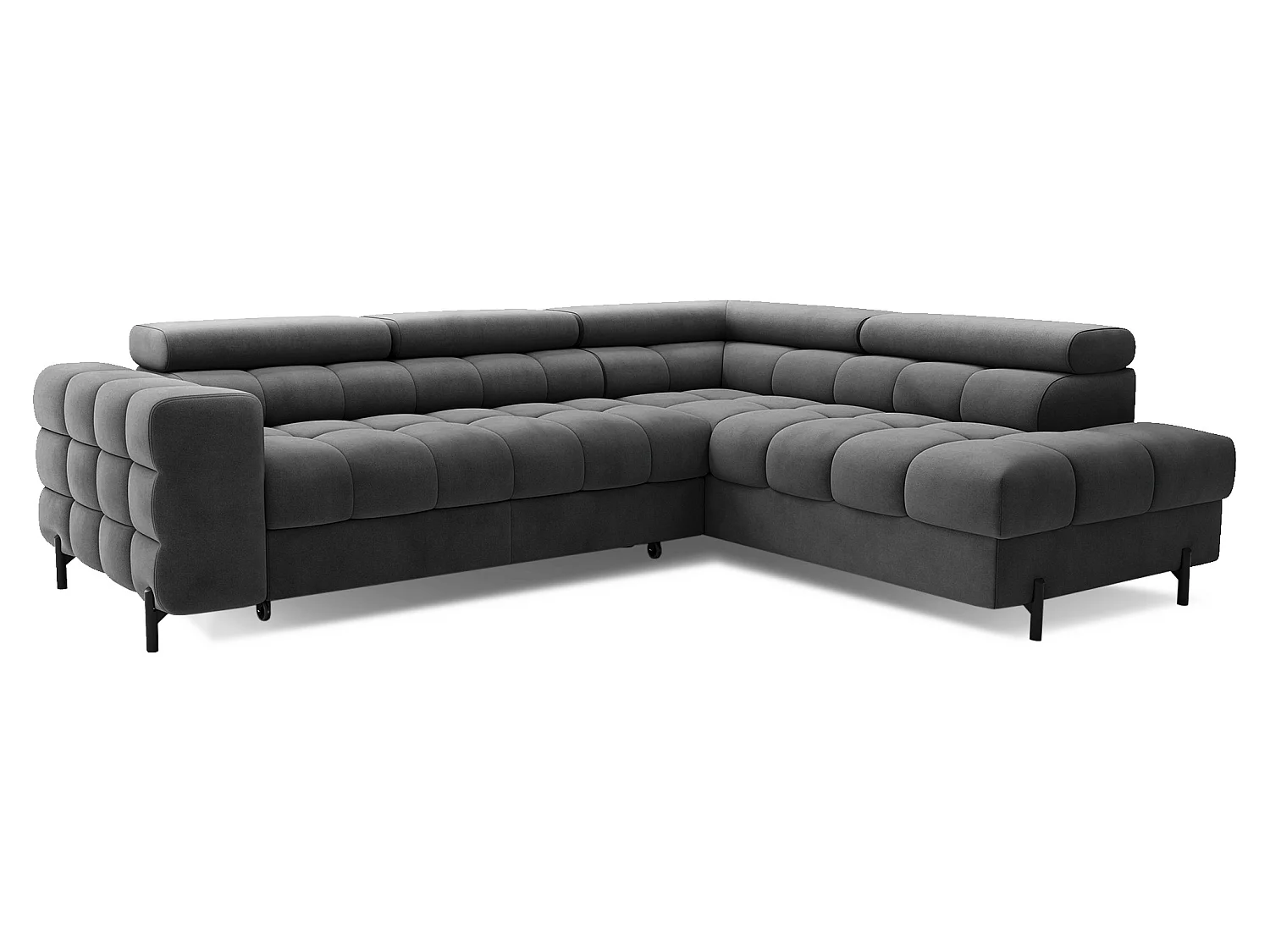 Canapé d’angle convertible LUCCINO en tissu avec coffre, têtières réglables et pieds en métal noir – 276cm-Gris foncé-angle droit