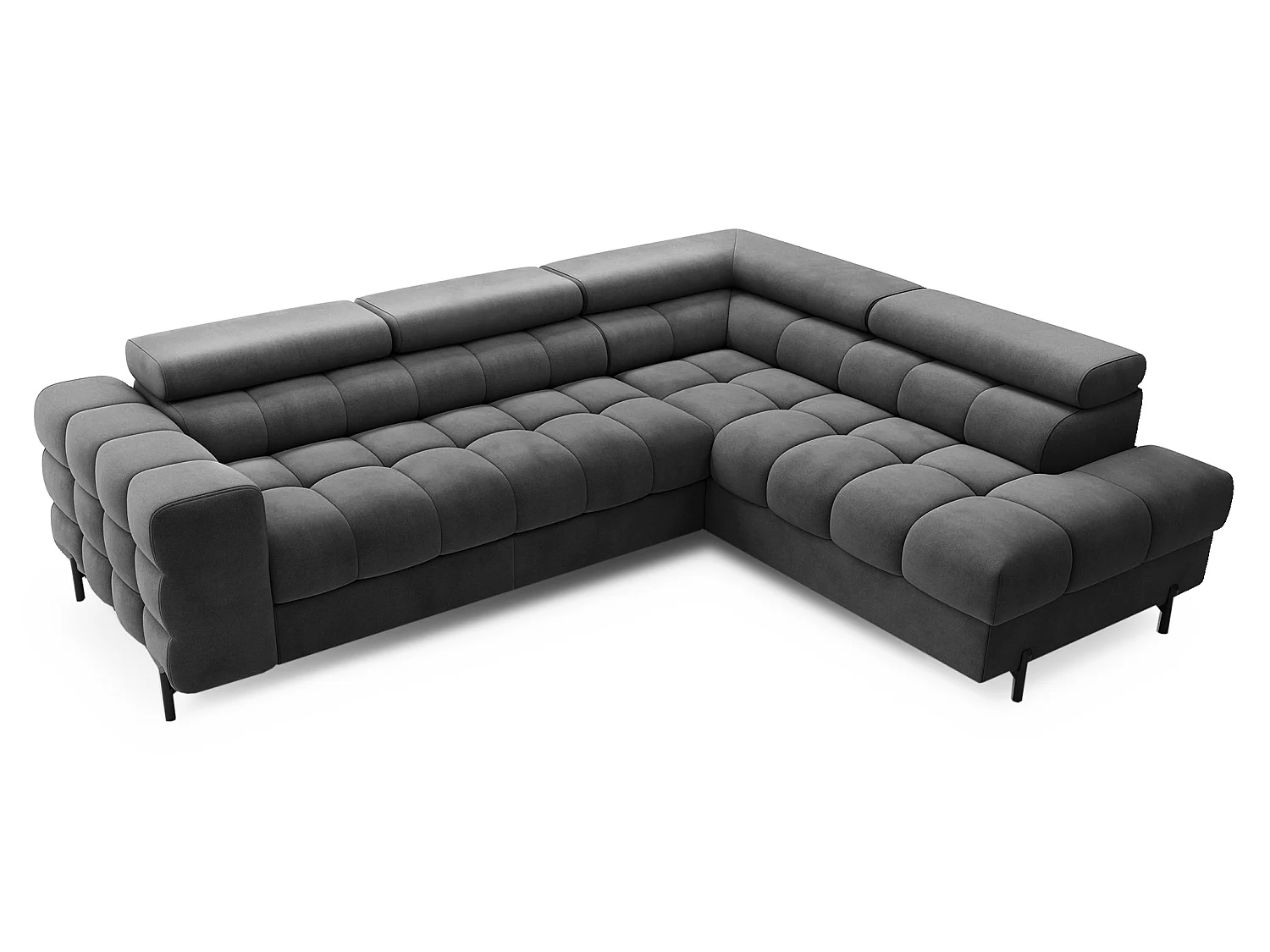 Canapé d’angle convertible LUCCINO en tissu avec coffre, têtières réglables et pieds en métal noir – 276cm-Gris foncé-angle droit