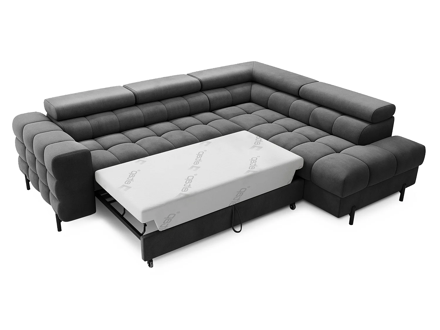 Canapé d’angle convertible LUCCINO en tissu avec coffre, têtières réglables et pieds en métal noir – 276cm-Gris foncé-angle droit