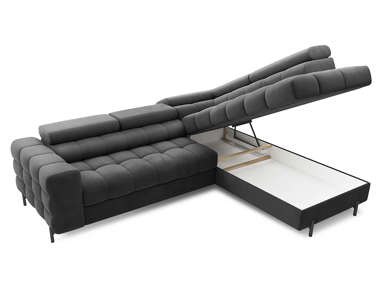 Canapé d’angle convertible LUCCINO en tissu avec coffre, têtières réglables et pieds en métal noir – 276cm-Gris foncé-angle droit