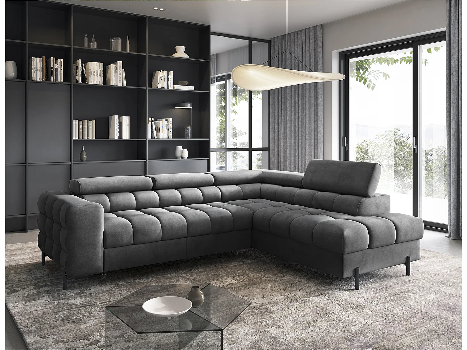 Canapé d’angle convertible LUCCINO en tissu avec coffre, têtières réglables et pieds en métal noir – 276cm-Gris foncé-angle droit