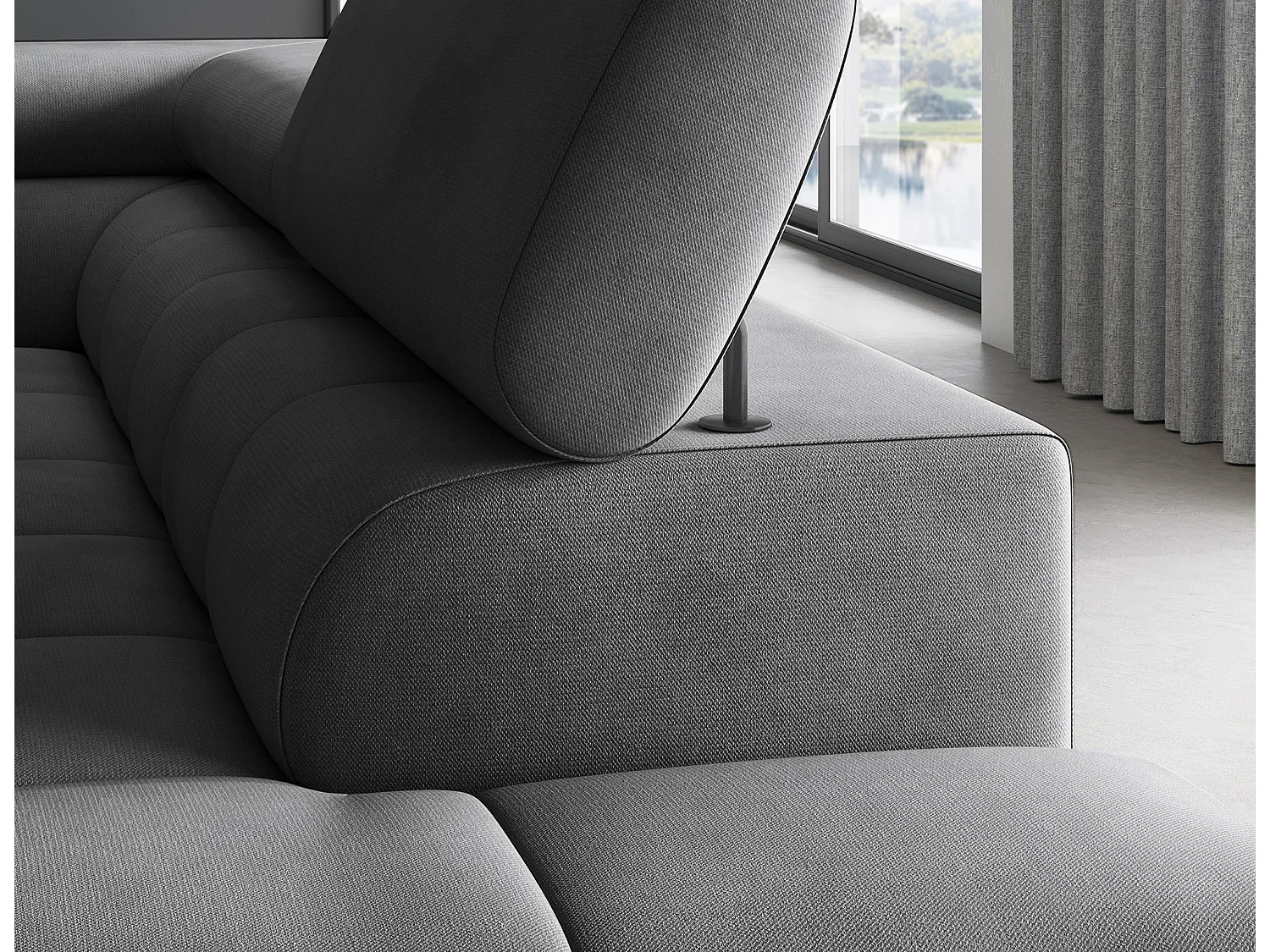 Canapé d’angle convertible LUCCINO en tissu avec coffre, têtières réglables et pieds en métal noir – 276cm-Gris foncé-angle droit