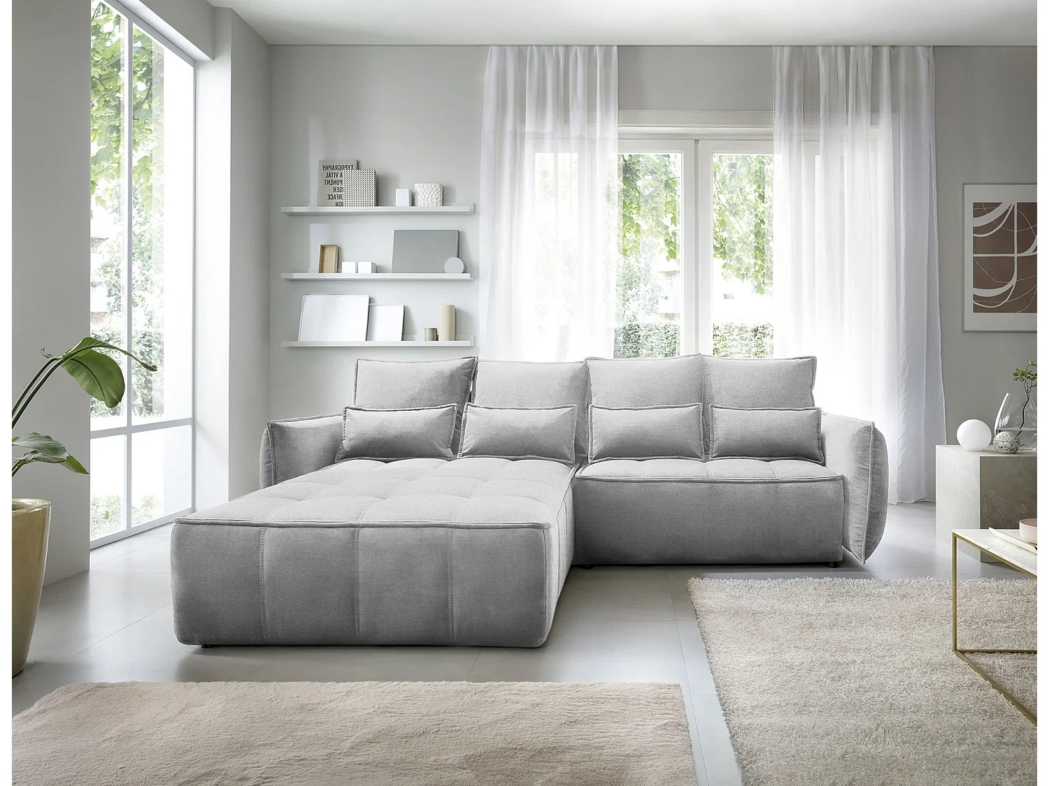 Canapé d’angle convertible 4 places KAMPUS en tissu effet cuir avec coffre de rangement – 265cm-Gris clair-angle gauche