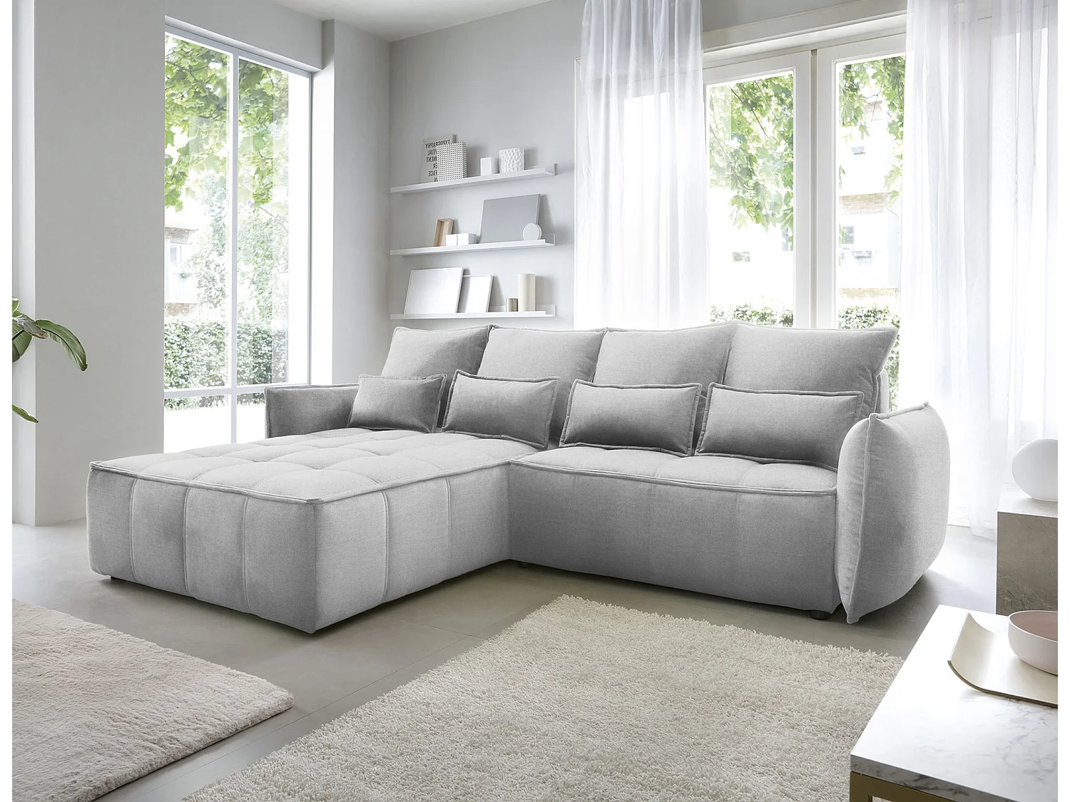 Canapé d’angle convertible 4 places KAMPUS en tissu effet cuir avec coffre de rangement – 265cm-Gris clair-angle gauche
