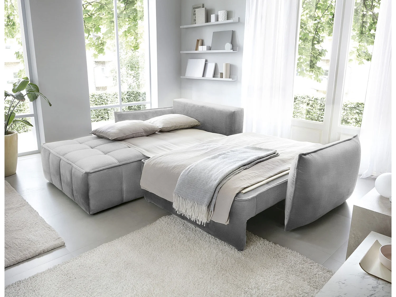 Canapé d’angle convertible 4 places KAMPUS en tissu effet cuir avec coffre de rangement – 265cm-Gris clair-angle gauche