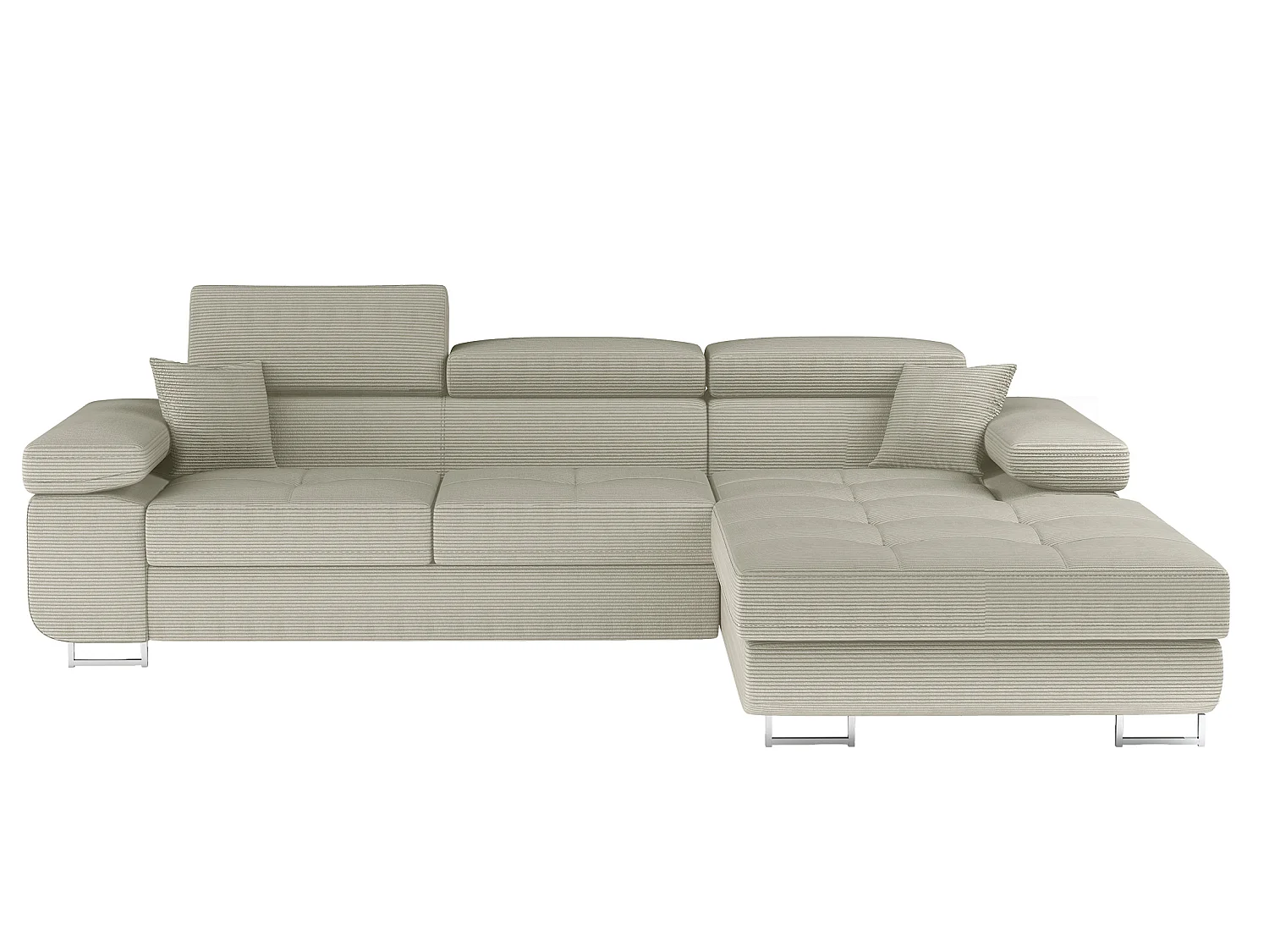 Canapé d’angle convertible KALIZO en tissu côtelé avec coffre, têtières réglables et pieds en acier chromé – 289cm-Beige clair-angle droit