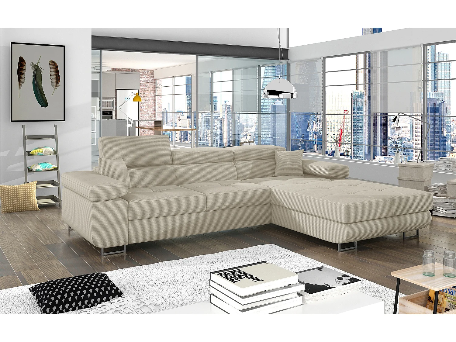 Canapé d’angle convertible KALIZO en tissu côtelé avec coffre, têtières réglables et pieds en acier chromé – 289cm-Beige clair-angle droit