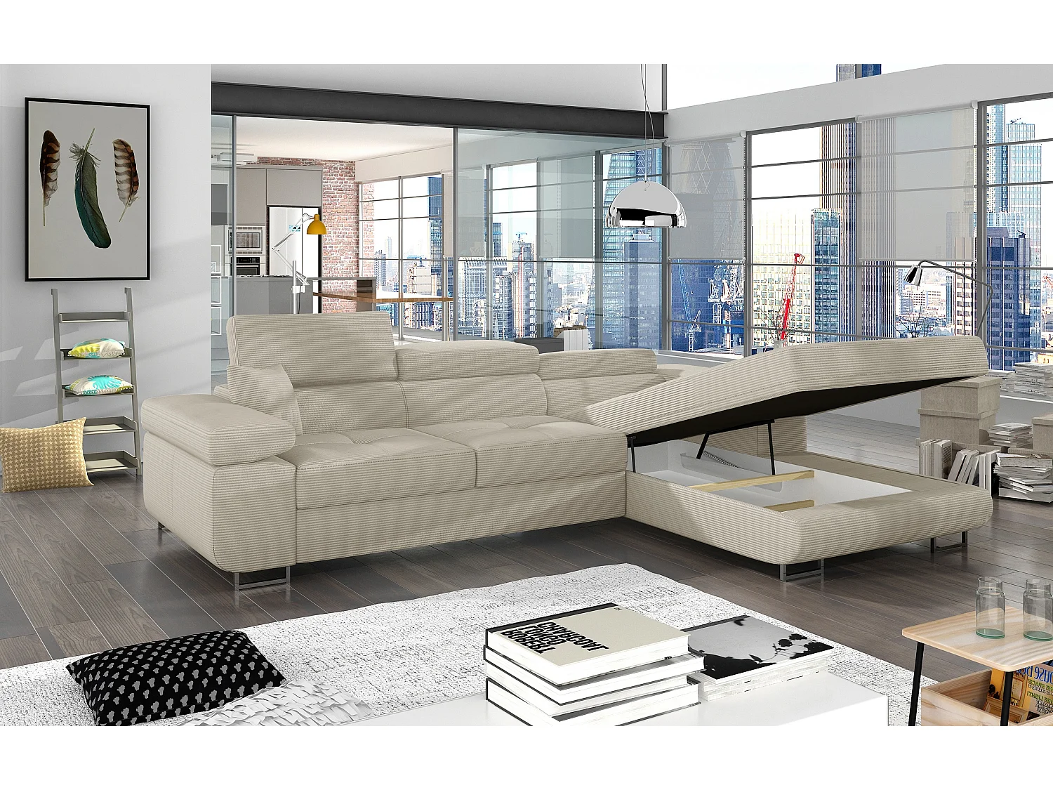 Canapé d’angle convertible KALIZO en tissu côtelé avec coffre, têtières réglables et pieds en acier chromé – 289cm-Beige clair-angle droit