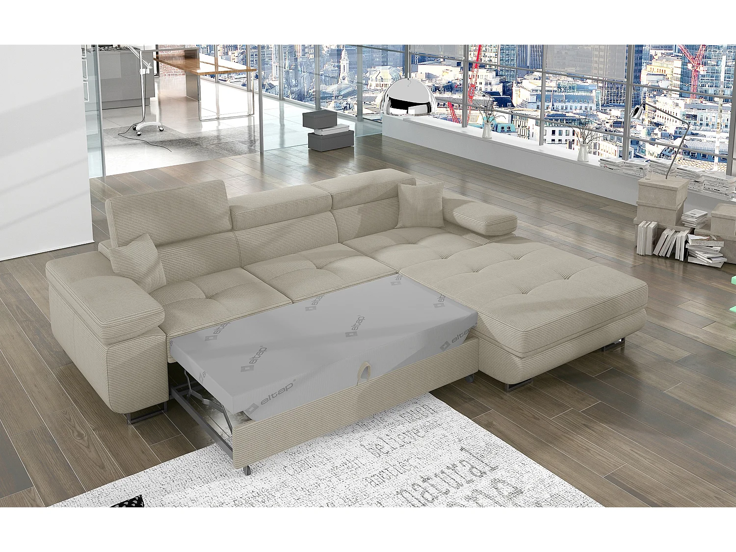 Canapé d’angle convertible KALIZO en tissu côtelé avec coffre, têtières réglables et pieds en acier chromé – 289cm-Beige clair-angle droit