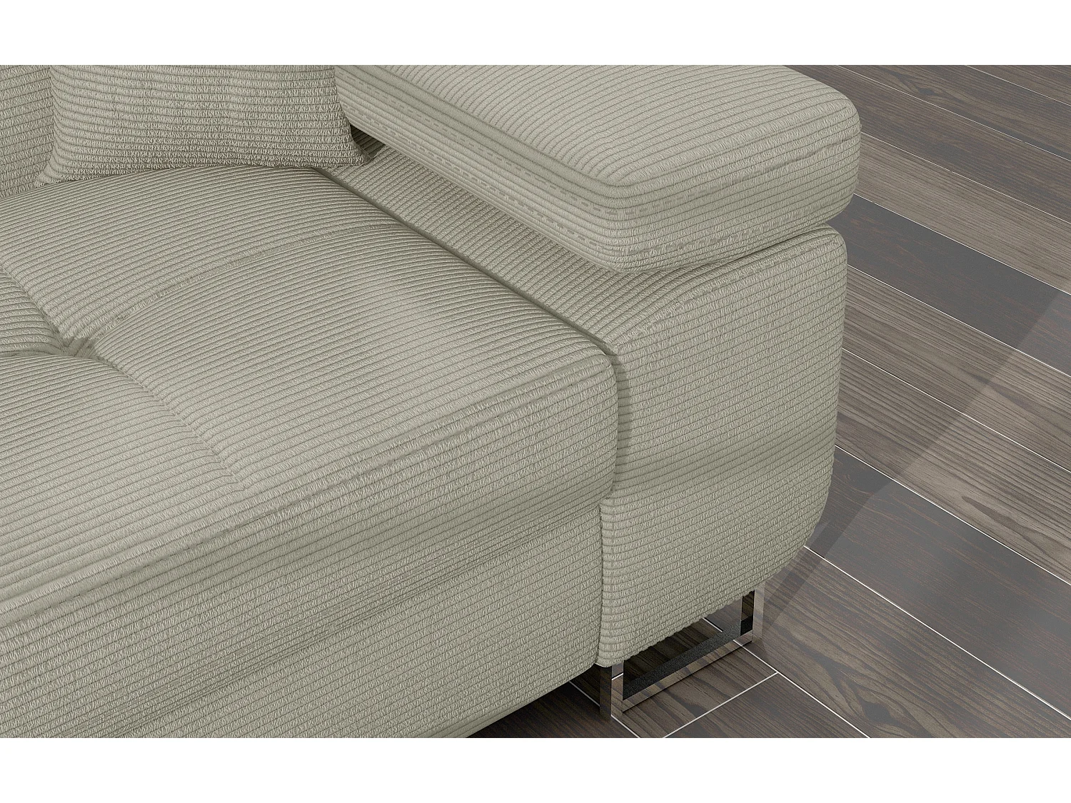 Canapé d’angle convertible KALIZO en tissu côtelé avec coffre, têtières réglables et pieds en acier chromé – 289cm-Beige clair-angle droit