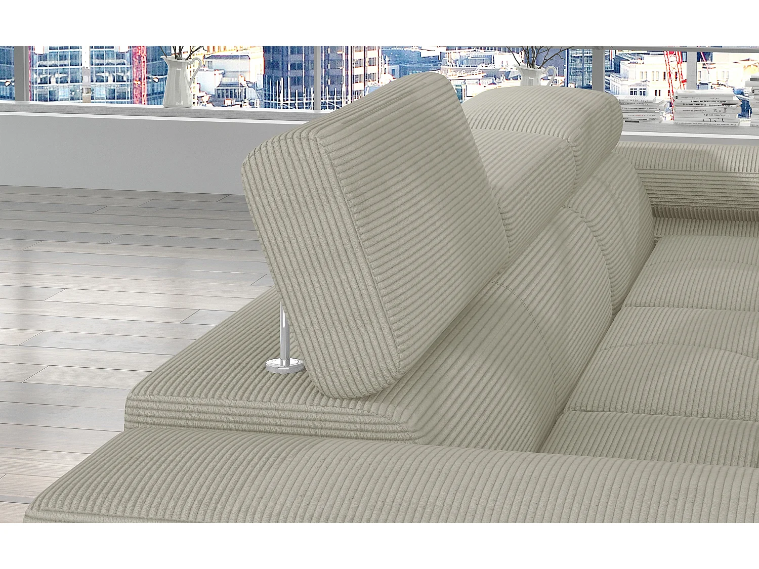 Canapé d’angle convertible KALIZO en tissu côtelé avec coffre, têtières réglables et pieds en acier chromé – 289cm-Beige clair-angle droit