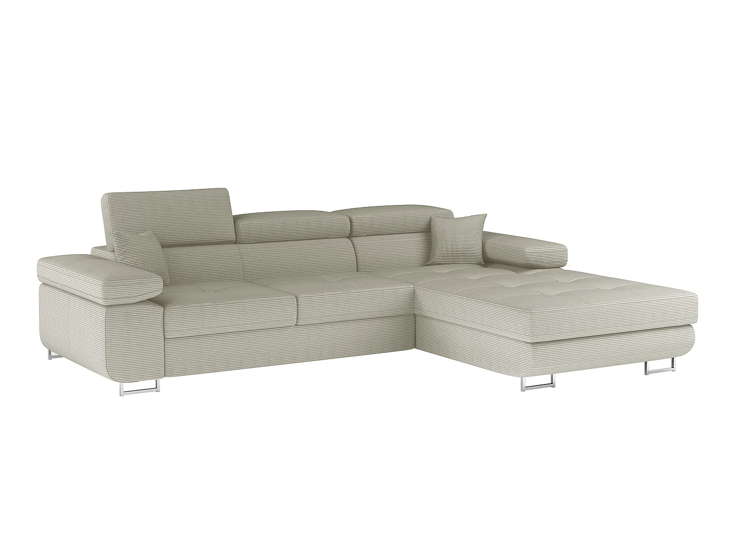 Canapé d’angle convertible KALIZO en tissu côtelé avec coffre, têtières réglables et pieds en acier chromé – 289cm-Beige clair-angle droit