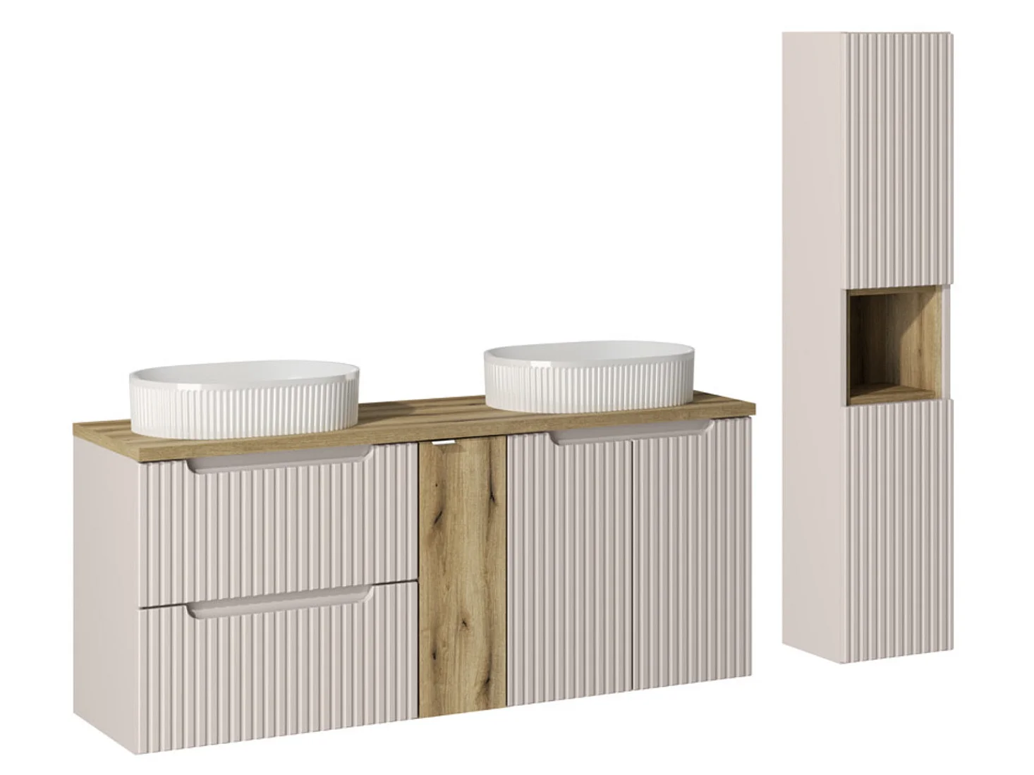 Ensemble meuble salle de bain suspendu 170cm NOVA – Double vasque ovale blanche, colonne, rangements-Taupe/Naturel