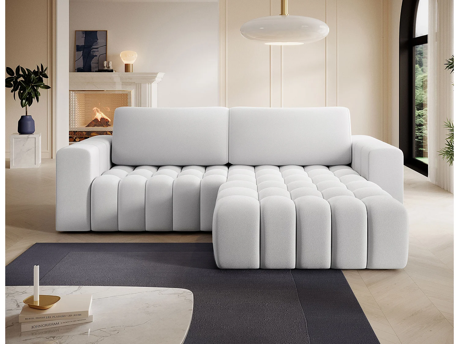 Canapé d’angle convertible BOZEN en velours capitonné avec coffre – 250cm-Gris souris-angle droit