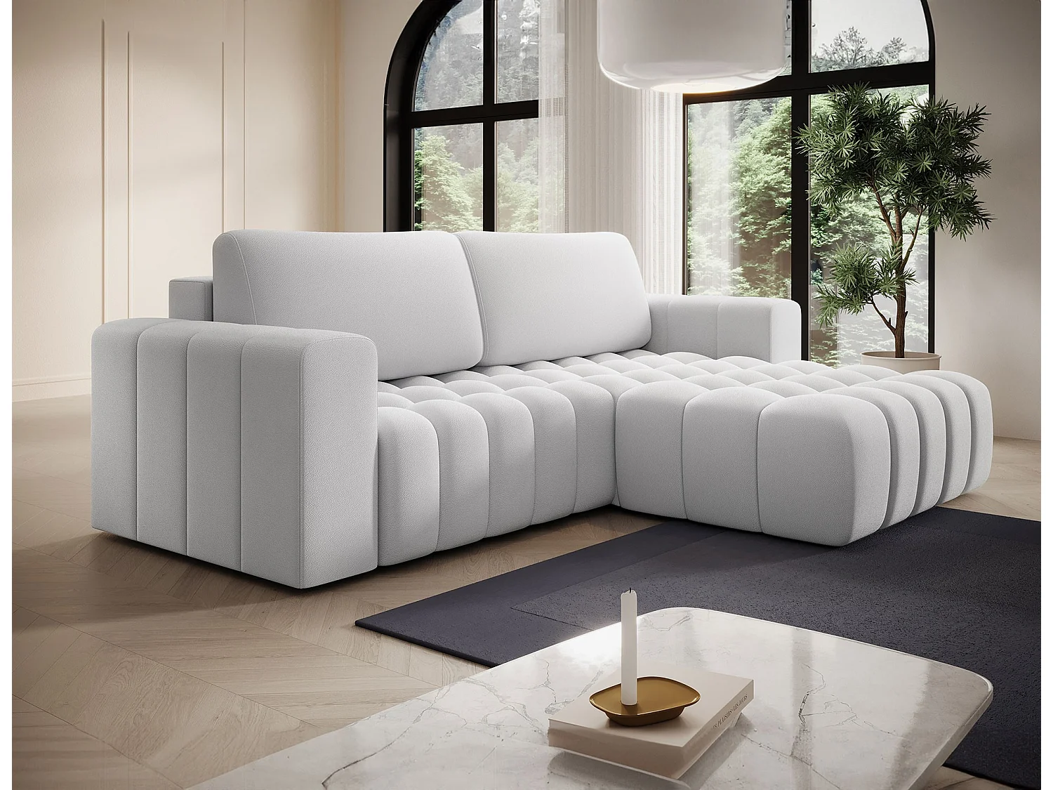 Canapé d’angle convertible BOZEN en velours capitonné avec coffre – 250cm-Gris souris-angle droit