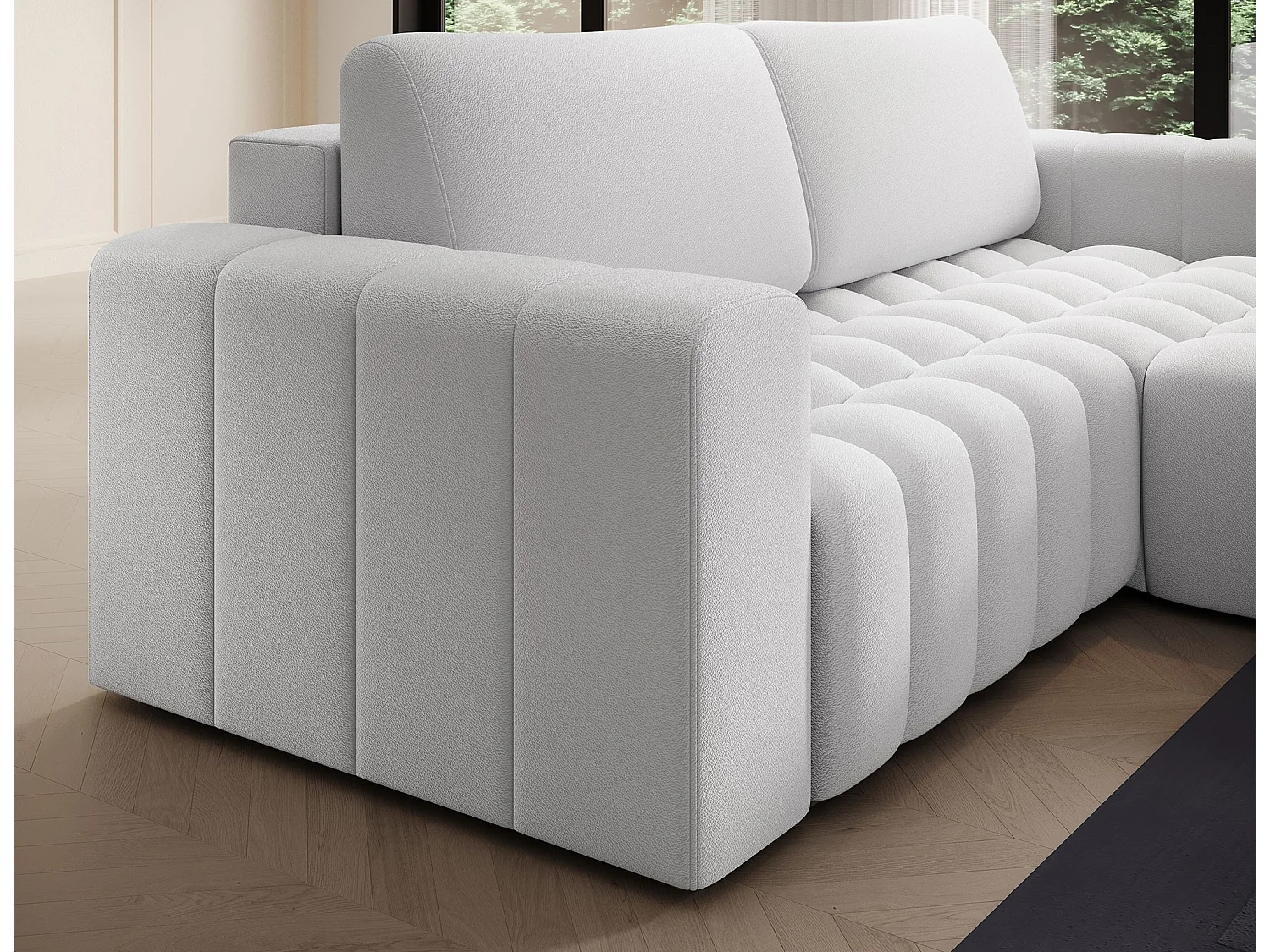 Canapé d’angle convertible BOZEN en velours capitonné avec coffre – 250cm-Gris souris-angle droit