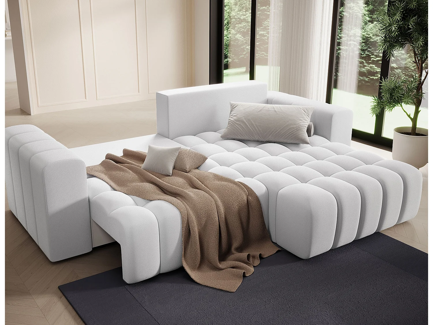 Canapé d’angle convertible BOZEN en velours capitonné avec coffre – 250cm-Gris souris-angle droit