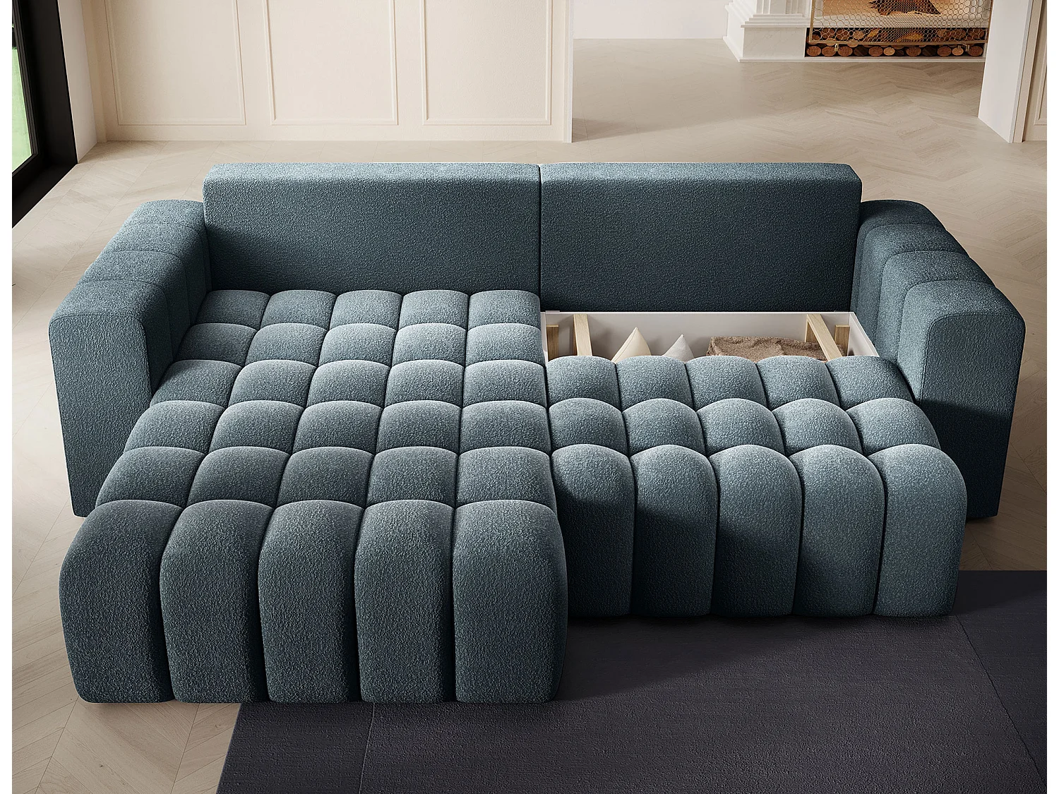 Sofá esquinero Bozen – Elegancia, confort tejido acolchado-Azul pato-Ángulo izquierdo