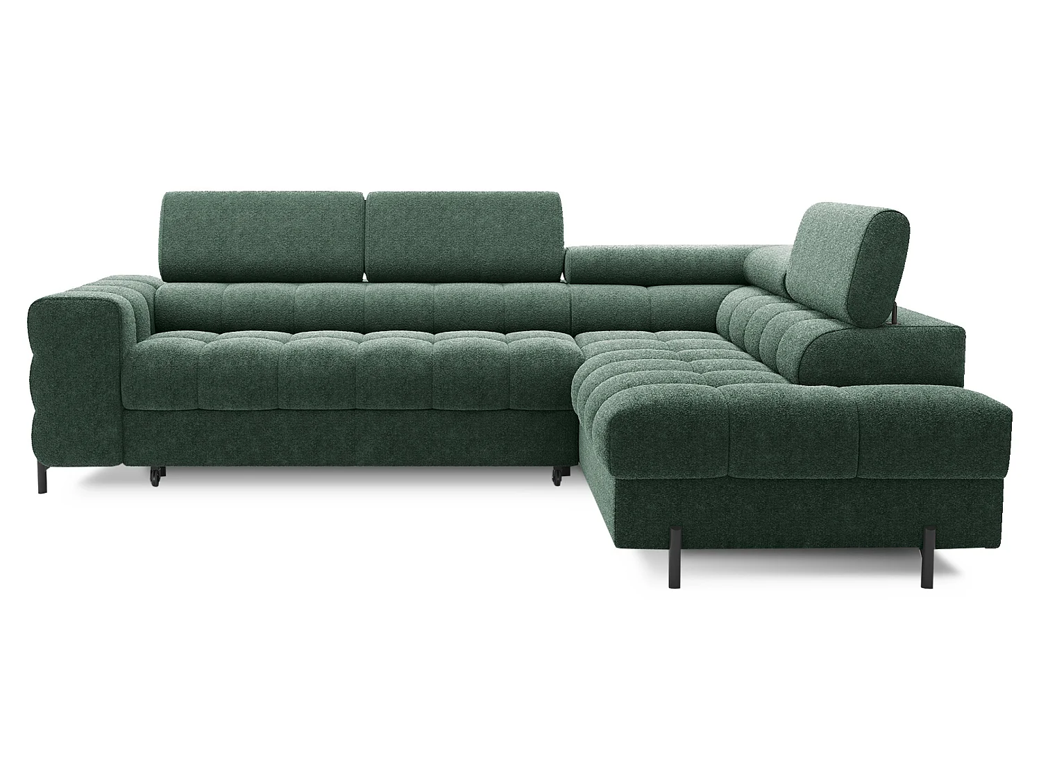 Canapé d’angle convertible LUCCINO en tissu avec coffre, têtières réglables et pieds en métal noir – 276cm-Vert-angle droit