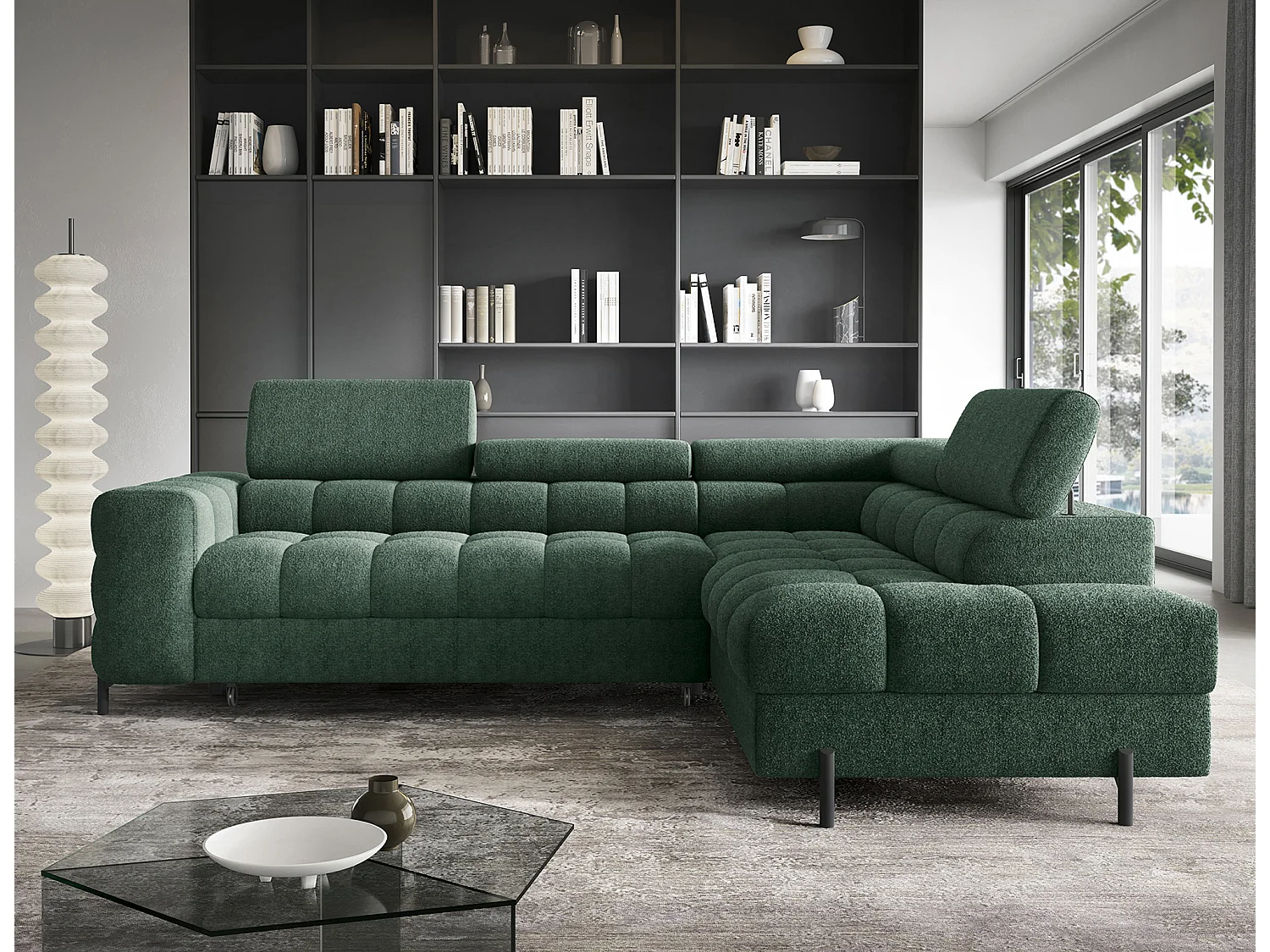 Canapé d’angle convertible LUCCINO en tissu avec coffre, têtières réglables et pieds en métal noir – 276cm-Vert-angle droit