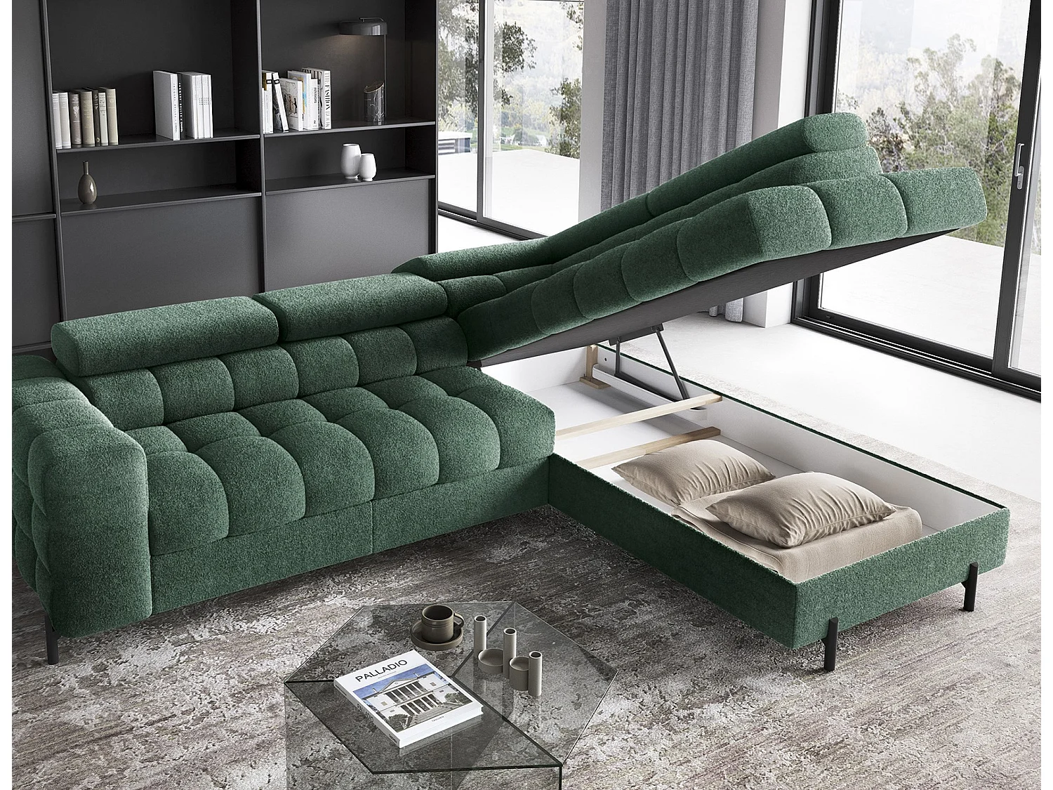 Canapé d’angle convertible LUCCINO en tissu avec coffre, têtières réglables et pieds en métal noir – 276cm-Vert-angle droit