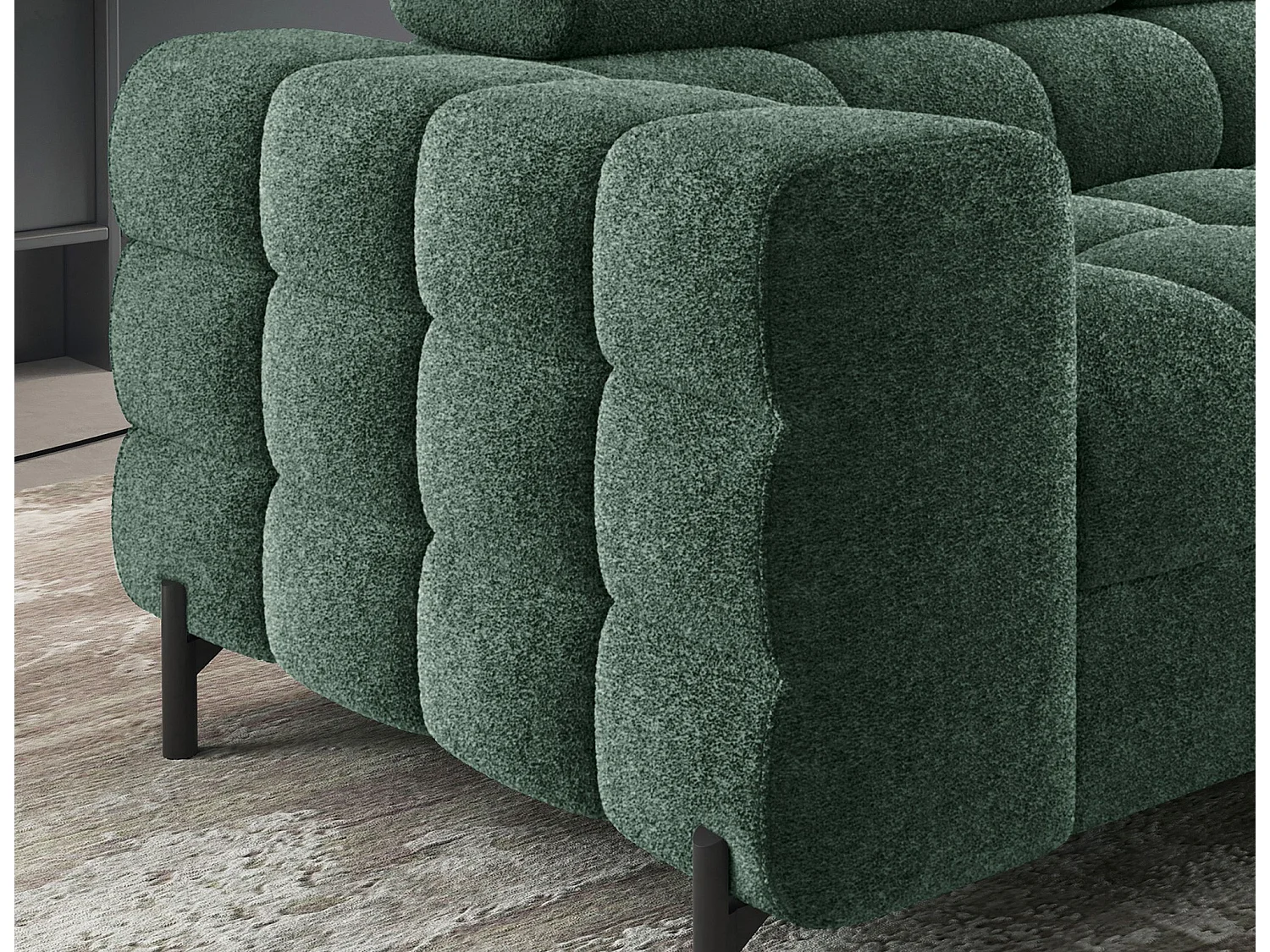 Canapé d’angle convertible LUCCINO en tissu avec coffre, têtières réglables et pieds en métal noir – 276cm-Vert-angle droit