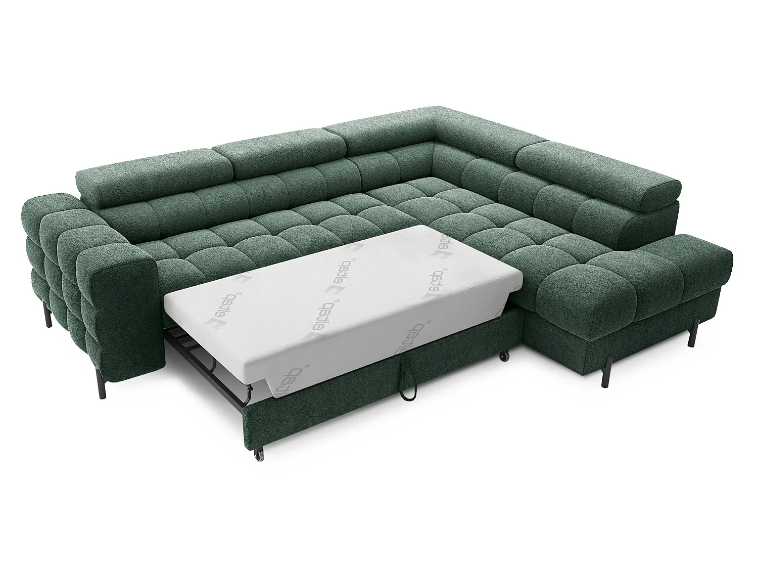 Canapé d’angle convertible LUCCINO en tissu avec coffre, têtières réglables et pieds en métal noir – 276cm-Vert-angle droit