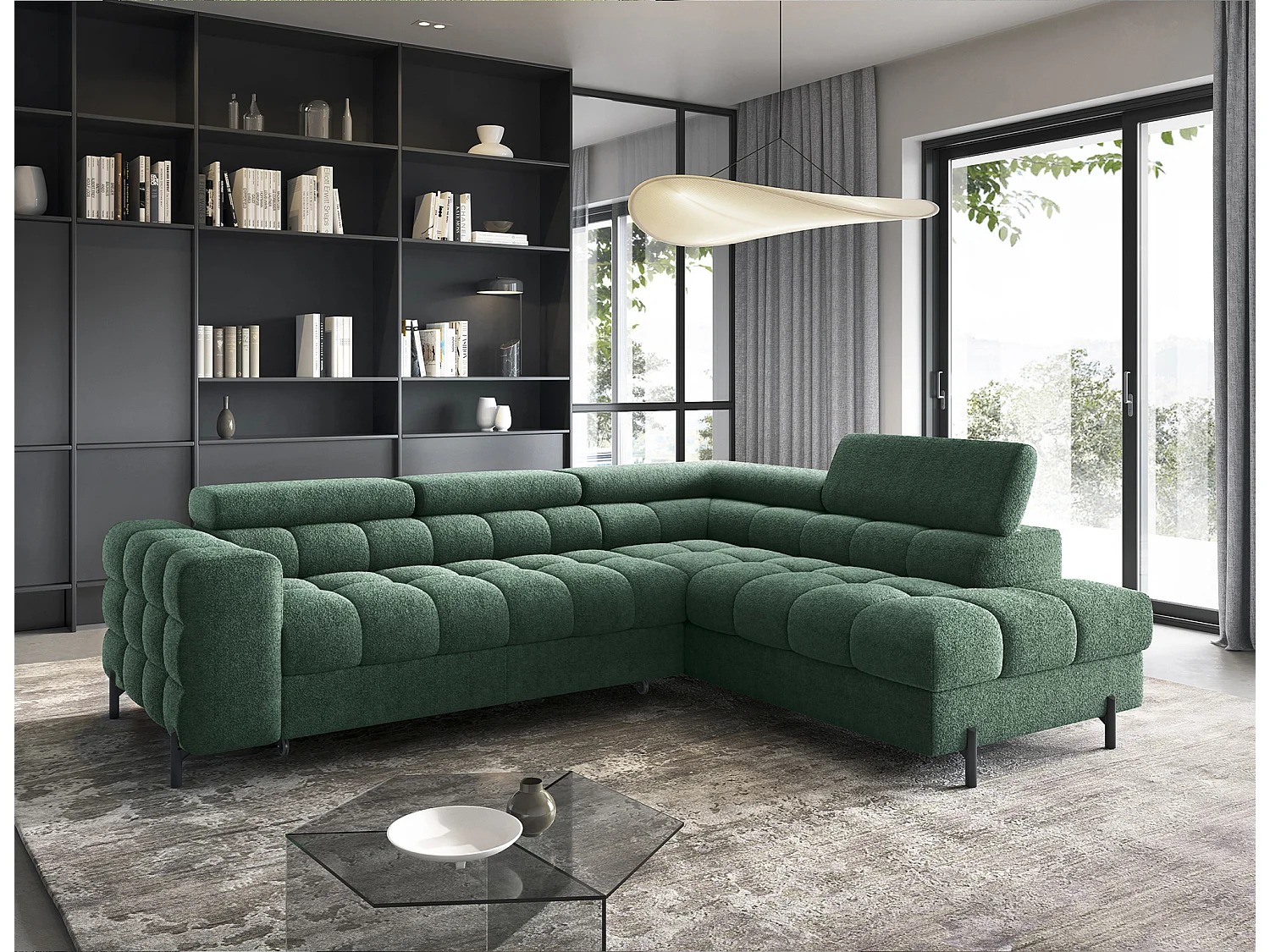 Canapé d’angle convertible LUCCINO en tissu avec coffre, têtières réglables et pieds en métal noir – 276cm-Vert-angle droit