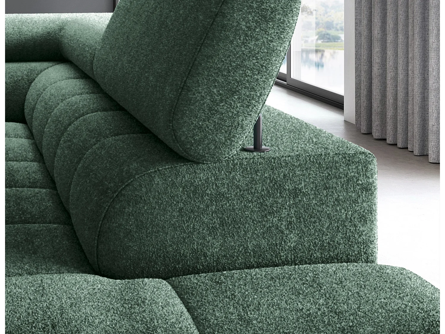 Canapé d’angle convertible LUCCINO en tissu avec coffre, têtières réglables et pieds en métal noir – 276cm-Vert-angle droit