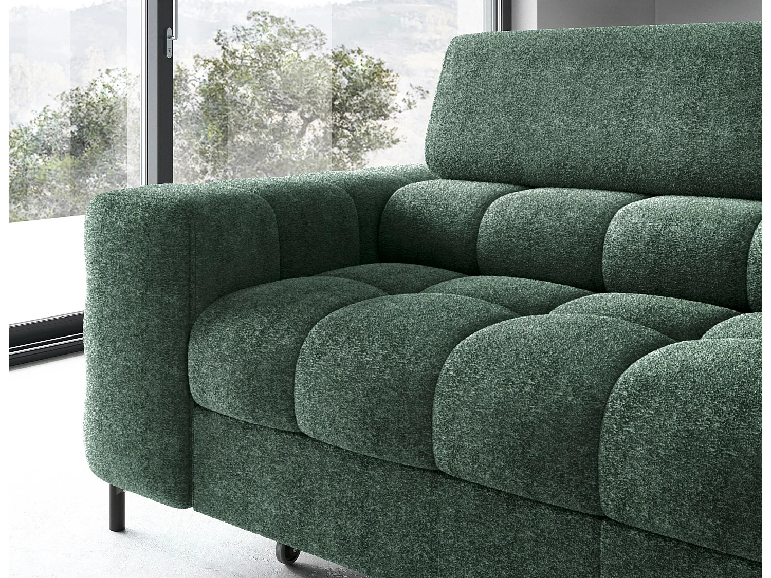 Canapé d’angle convertible LUCCINO en tissu avec coffre, têtières réglables et pieds en métal noir – 276cm-Vert-angle droit