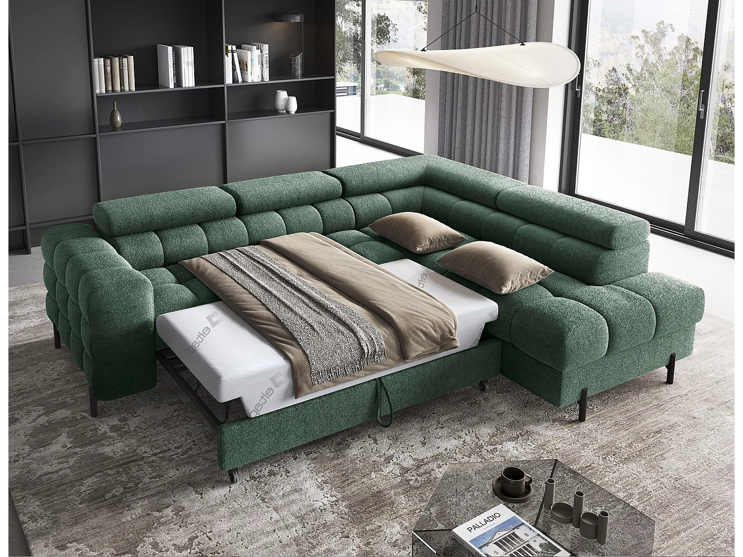 Canapé d’angle convertible LUCCINO en tissu avec coffre, têtières réglables et pieds en métal noir – 276cm-Vert-angle droit