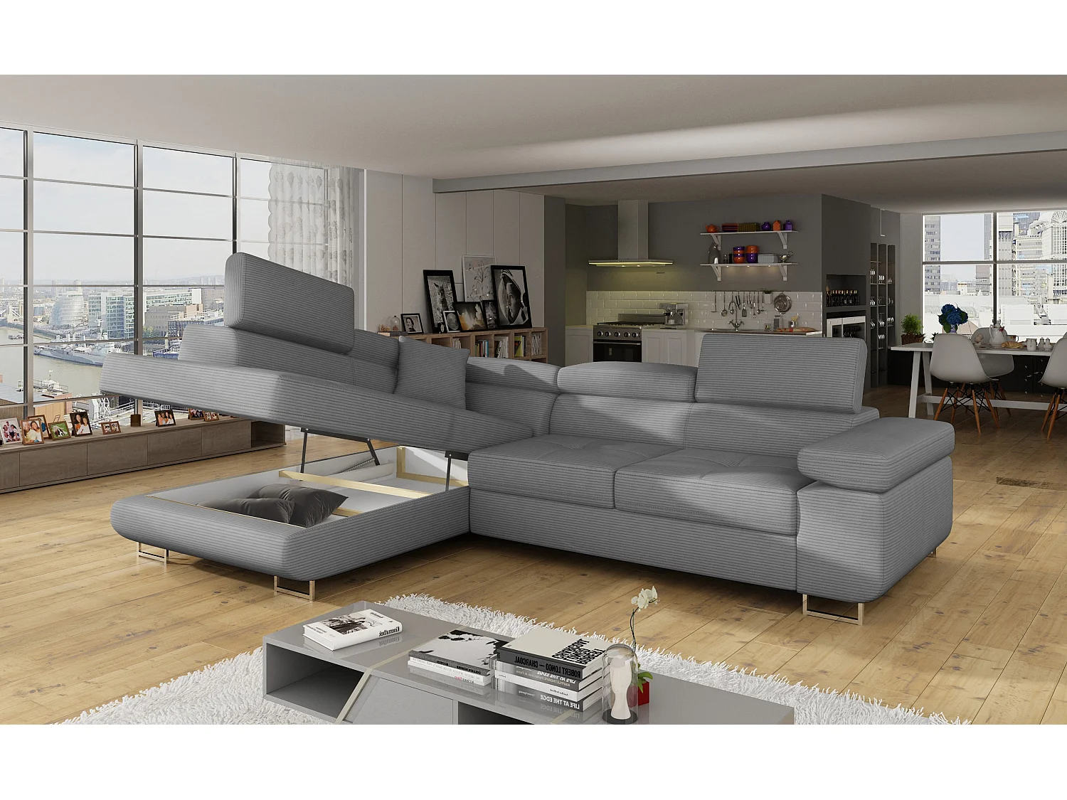 Canapé d’angle convertible MARKA en tissu avec coffre et têtières réglables – 272cm-Gris clair-angle gauche
