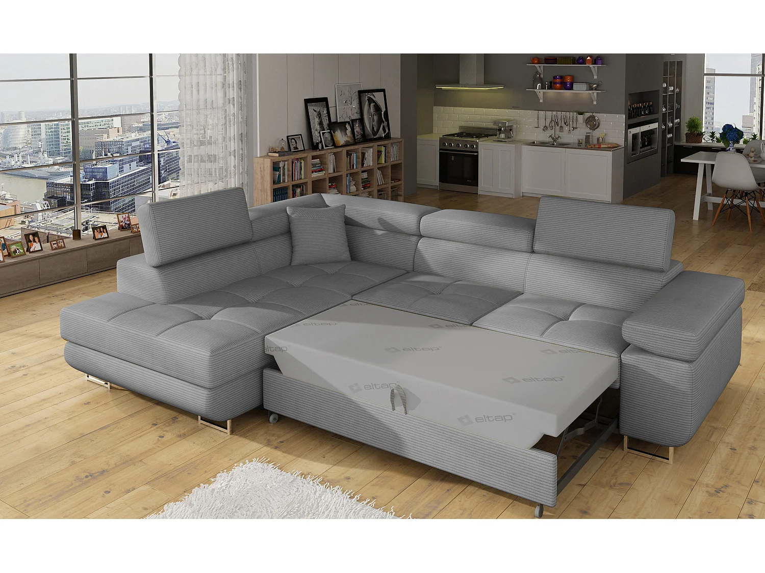 Canapé d’angle convertible MARKA en tissu avec coffre et têtières réglables – 272cm-Gris clair-angle gauche