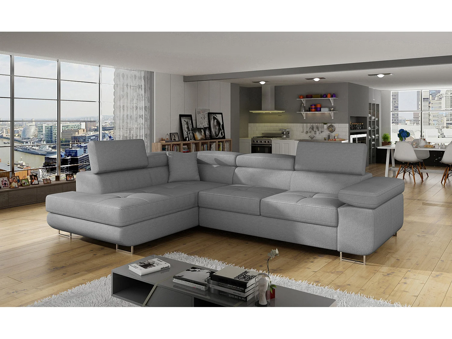 Canapé d’angle convertible MARKA en tissu avec coffre et têtières réglables – 272cm-Gris clair-angle gauche