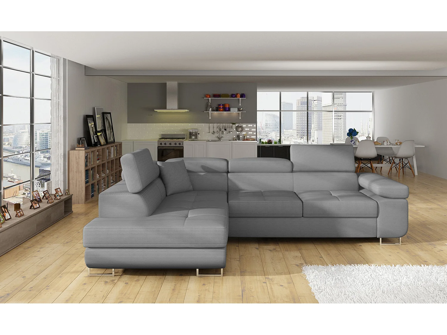 Canapé d’angle convertible MARKA en tissu avec coffre et têtières réglables – 272cm-Gris clair-angle gauche