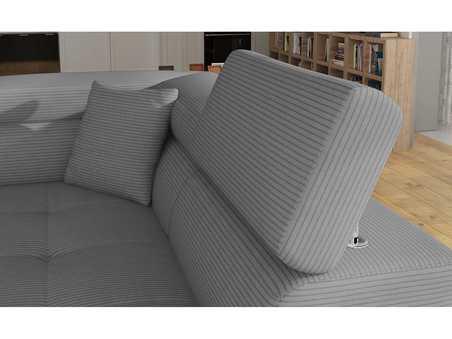 Canapé d’angle convertible MARKA en tissu avec coffre et têtières réglables – 272cm-Gris clair-angle gauche