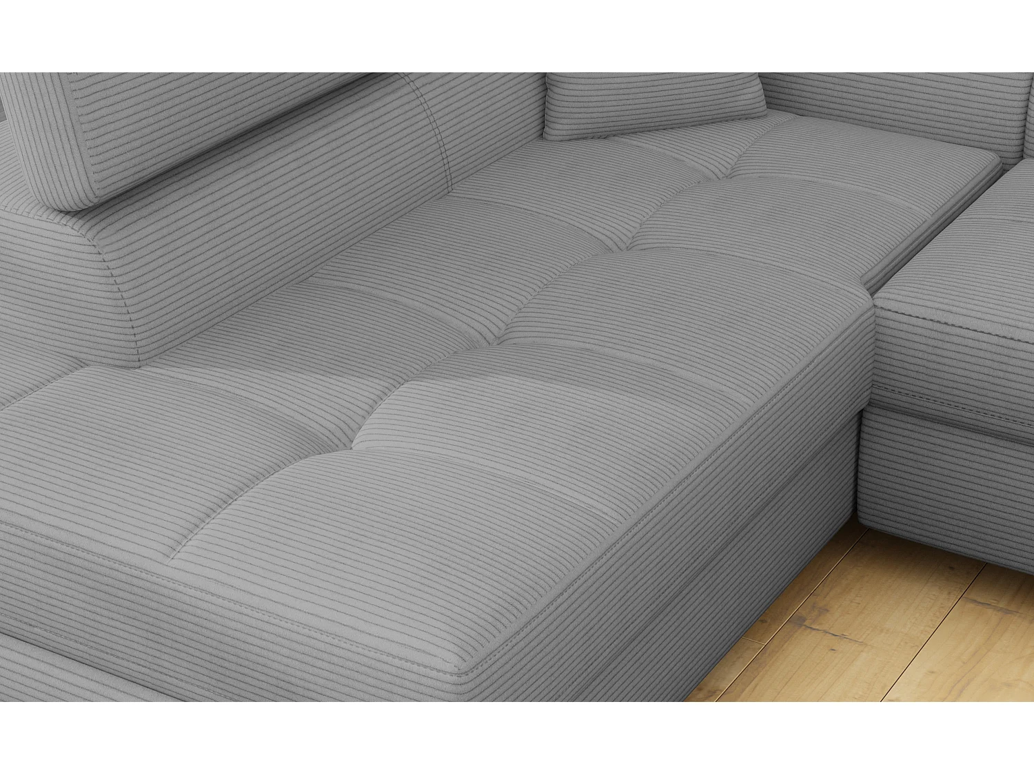 Canapé d’angle convertible MARKA en tissu avec coffre et têtières réglables – 272cm-Gris clair-angle gauche