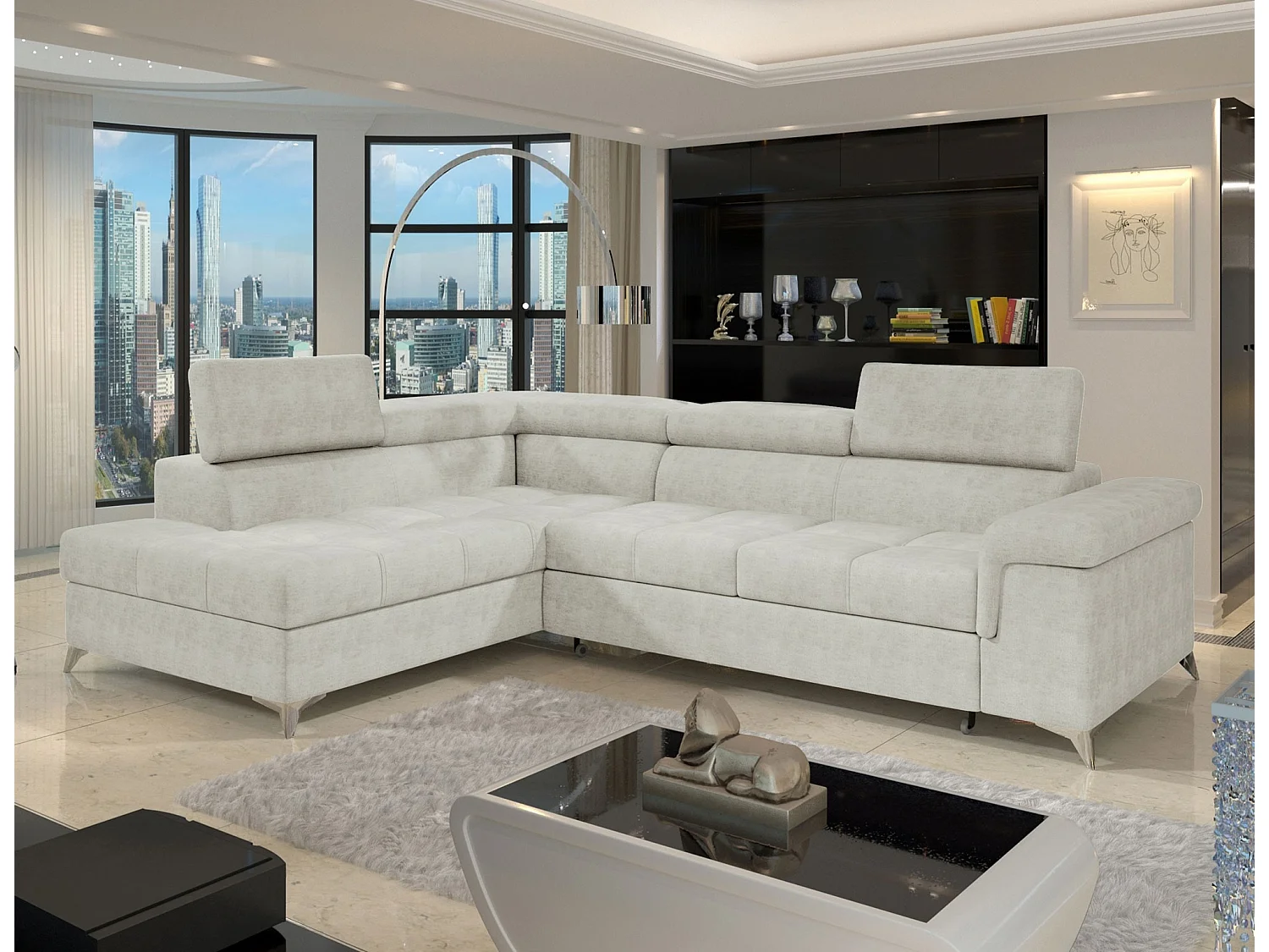 Sofá esquinero convertible de tela MARIDO - Almacenamiento y reposacabezas ajustables-Beige claro-Ángulo izquierdo