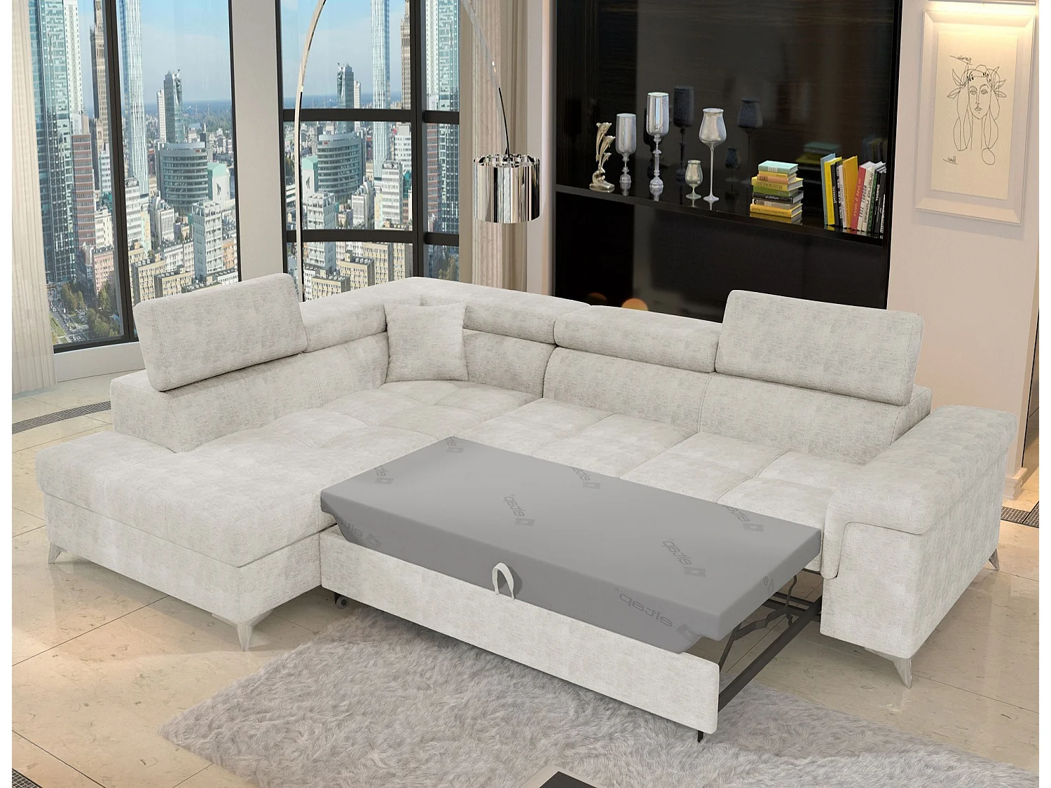 Sofá esquinero convertible de tela MARIDO - Almacenamiento y reposacabezas ajustables-Beige claro-Ángulo izquierdo