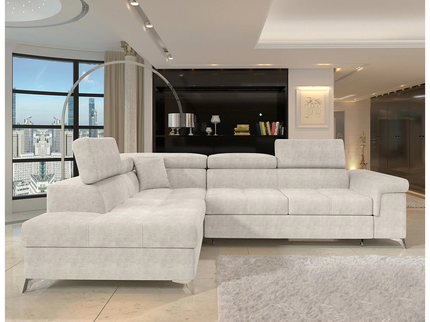 Sofá esquinero convertible de tela MARIDO - Almacenamiento y reposacabezas ajustables-Beige claro-Ángulo izquierdo