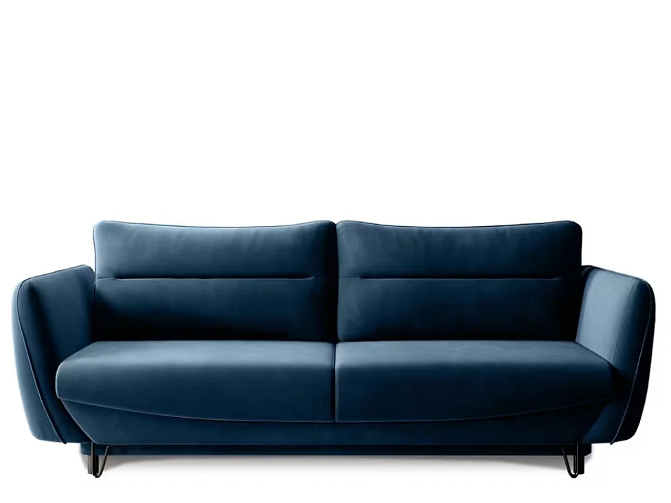 Canapé droit convertible 3 places tissu ZURIK 236cm - Coffre de rangement & pieds métal noir-Bleu foncé