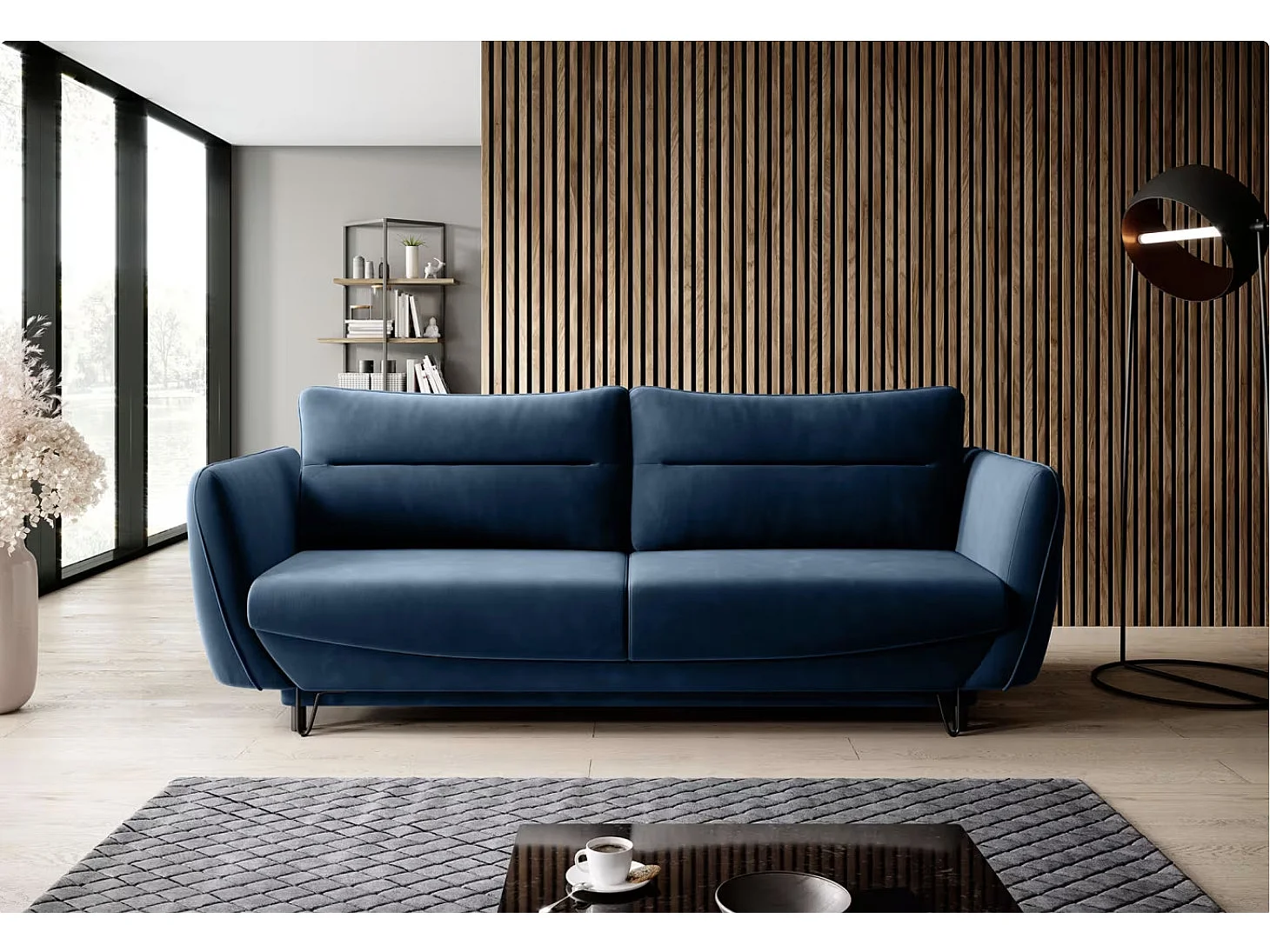 Canapé droit convertible 3 places tissu ZURIK 236cm - Coffre de rangement & pieds métal noir-Bleu foncé